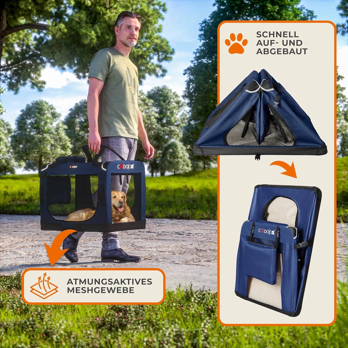 Faltbare Hundetransportbox XXXL mit Tragegriff extra Tasche und Autogurtlasche, L 101 x B 70 x H 70 cm Navy Blau