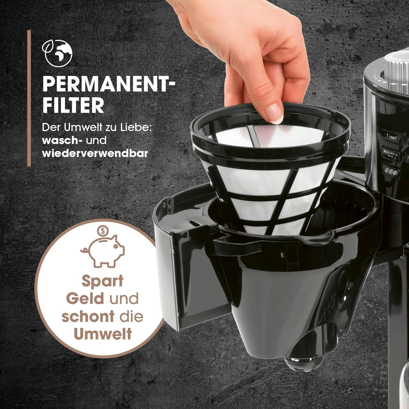 Filterkaffeemaschine für 10 Tassen, 6) Edelstahl - Glaskanne - mit Mahlwerk