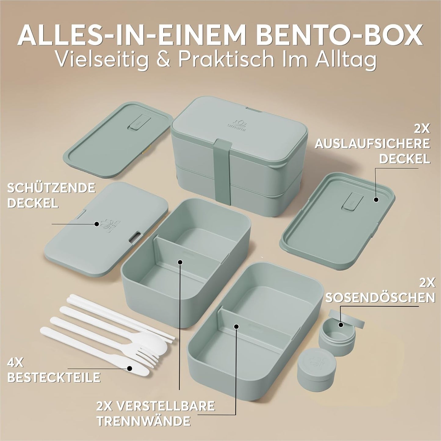 Verschachtelte Bento Lunchbox mit Besteck & Fächern, Schiefergrün L - 1500 ml