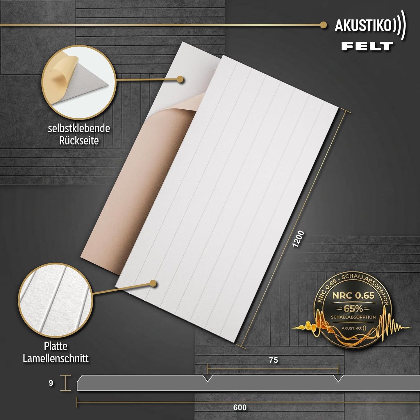 Selbstklebendes Schallschutzplatten Set in Lamellenoptik, Standard - Weiss Lamelle - 120x60cm
