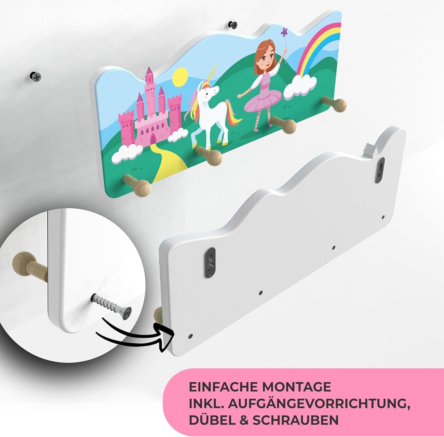 Kindergarderobe mit 4 Kleiderhaken (Prinzessin), Prinzessin