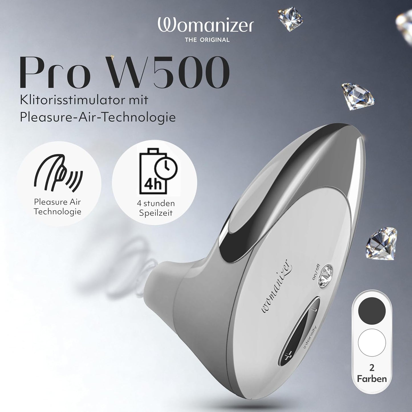 Pro W500 Klitoris-Stimulator, 12 Intensitätsstufen, Weiss, Chrome 1 Stück (1er Pack)