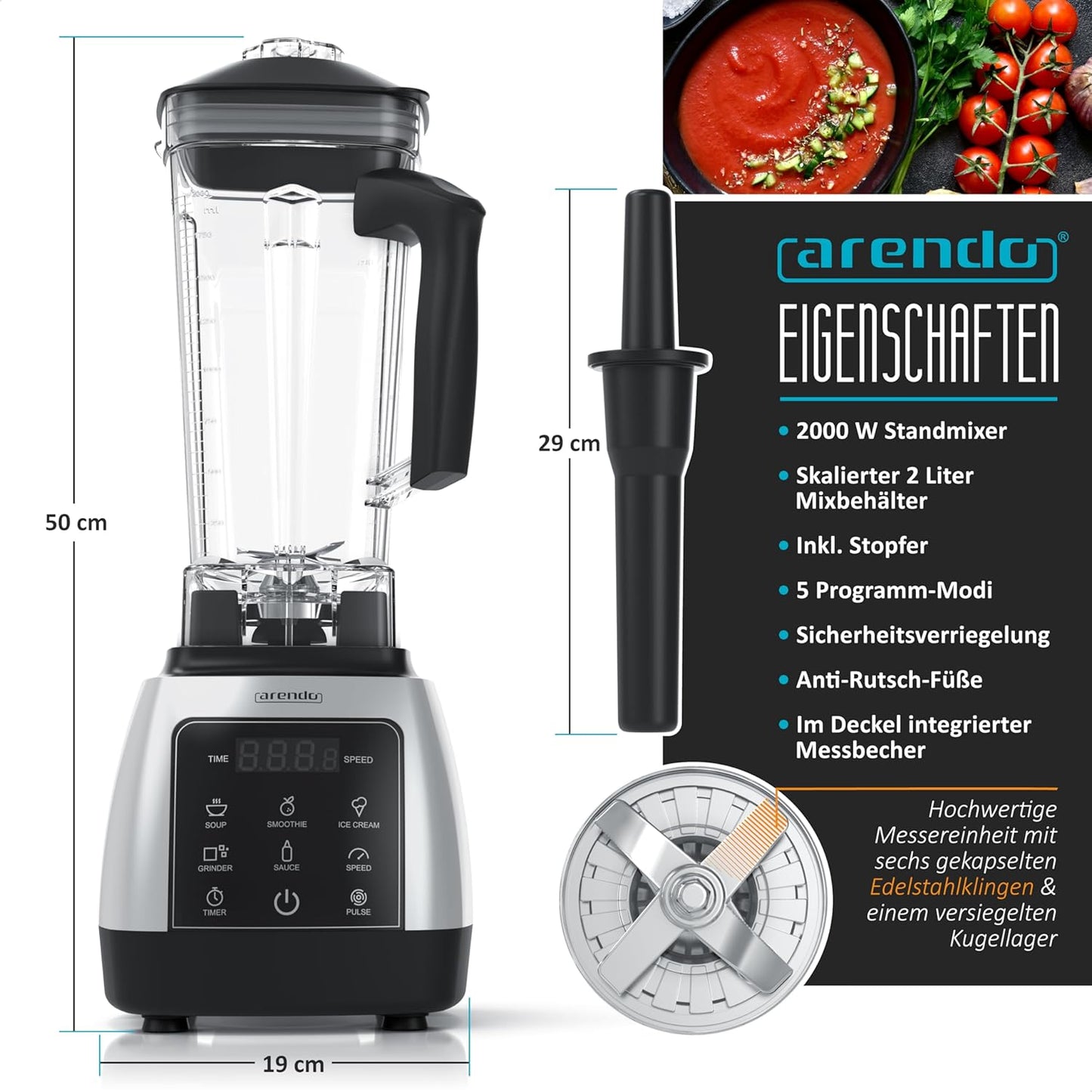 Standmixer mit Timer und Touchpanel, B: Silber