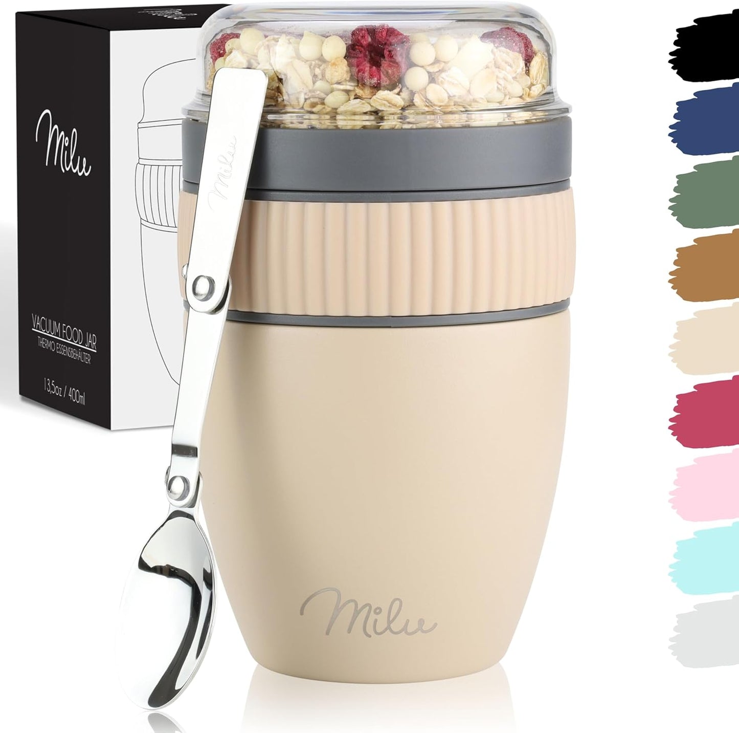Isolierter Müslibecher mit Löffel, Beige Edelstahl