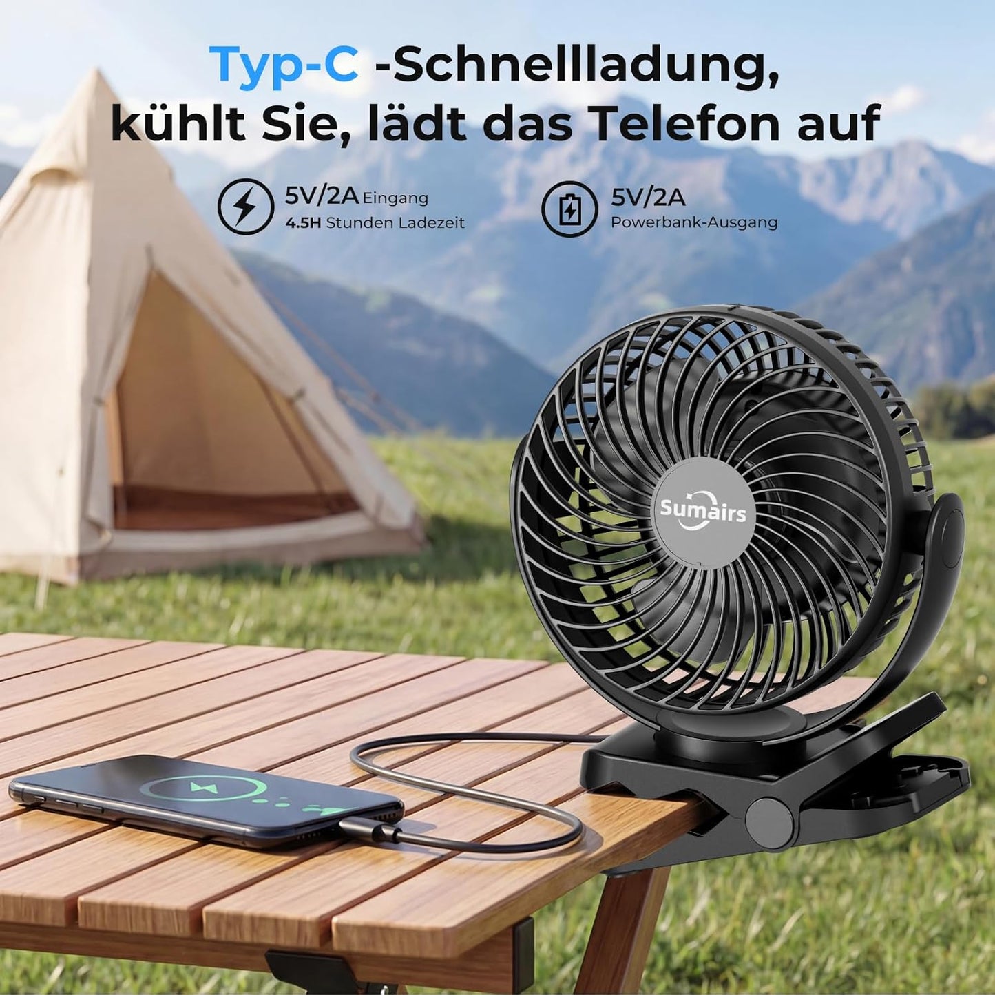 Tragbarer USB-Campingventilator mit Akku und Lampe, 14cm