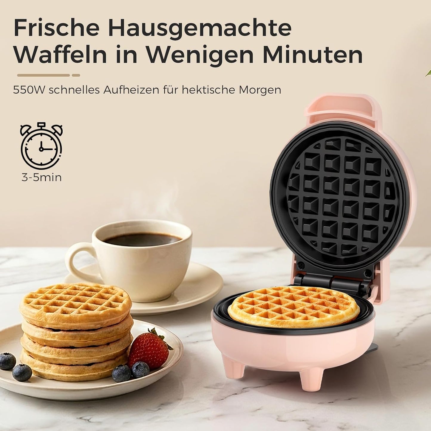 Mini-Waffeleisen mit Antihaftbeschichtung, Rosa