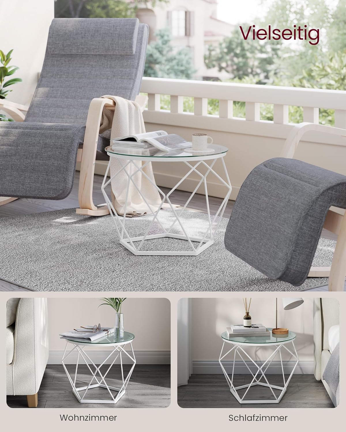 2er-Set Runder Couchtisch mit abnehmbarer Tischplatte, Transparent + Wolkenweiss