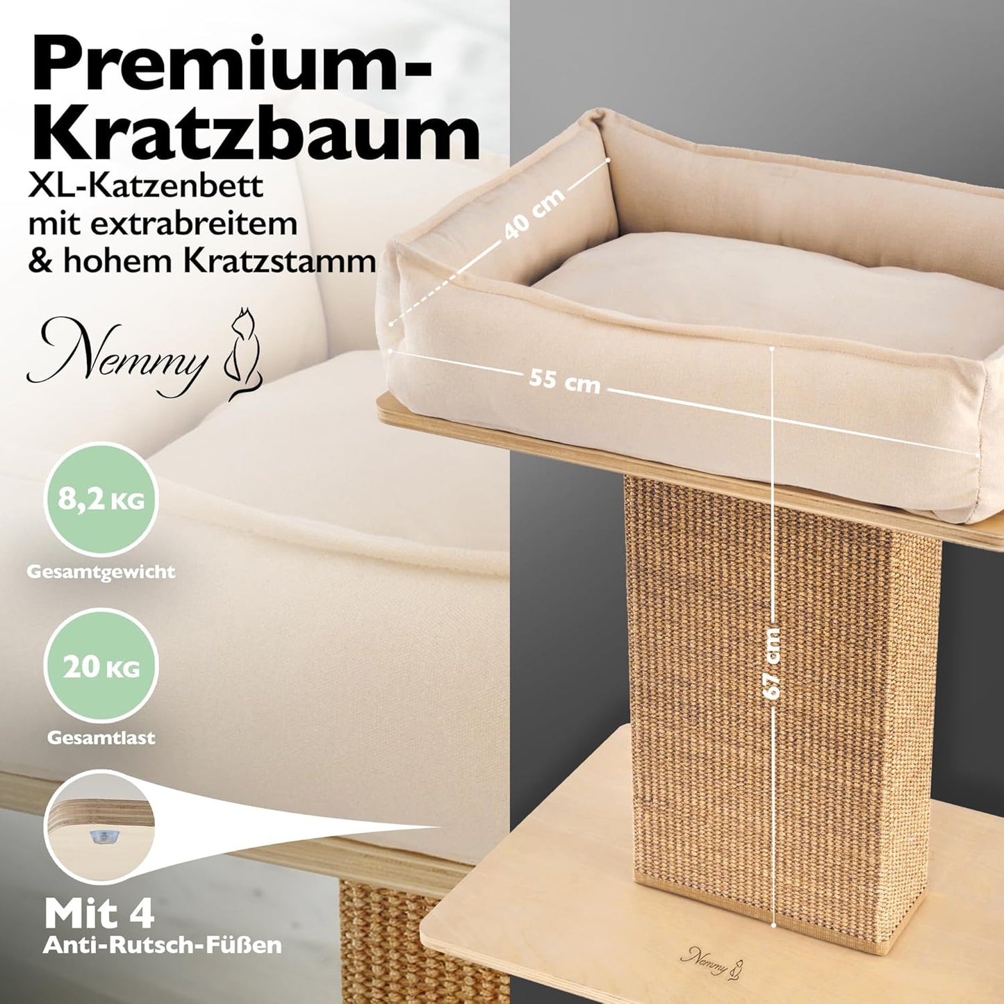 Kratzbaum mit breitem Kratzstamm und Katzenbett, Birke/beige