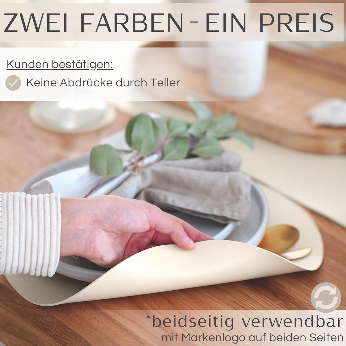 6er-Set abwaschbare Tischsets mit Glasuntersetzer, Rund Cremebeige