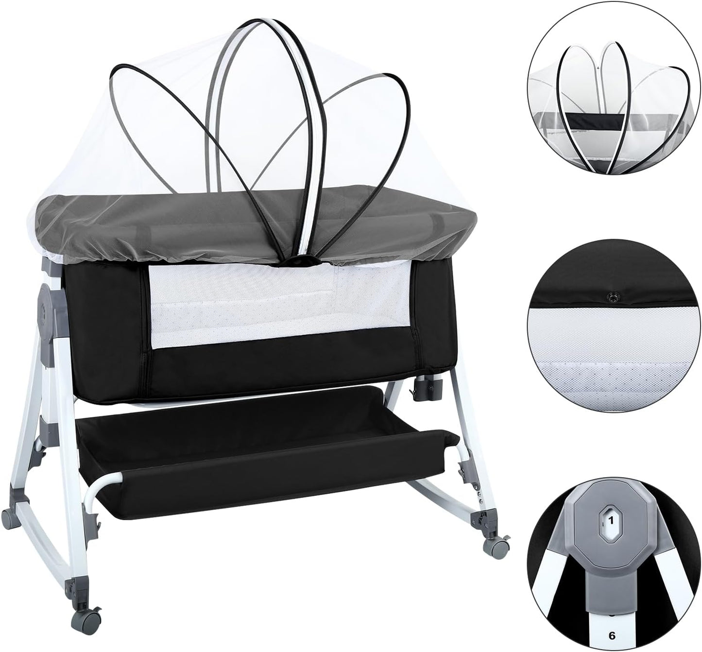 Höhenverstellbares Baby-Beistellbett mit Rollen, 80 X 40 X 100–116 Cm (6 Schwarze Steine)