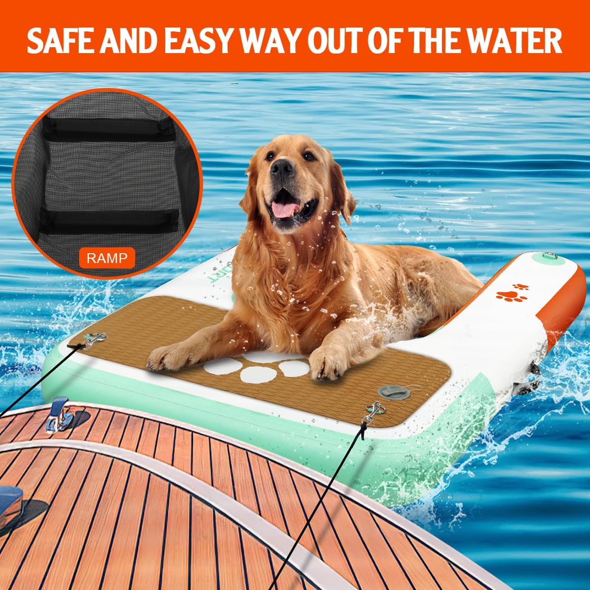 Aufblasbare Hunde-Wasserrampe bis 100 kg, 150x100x15cm Orange