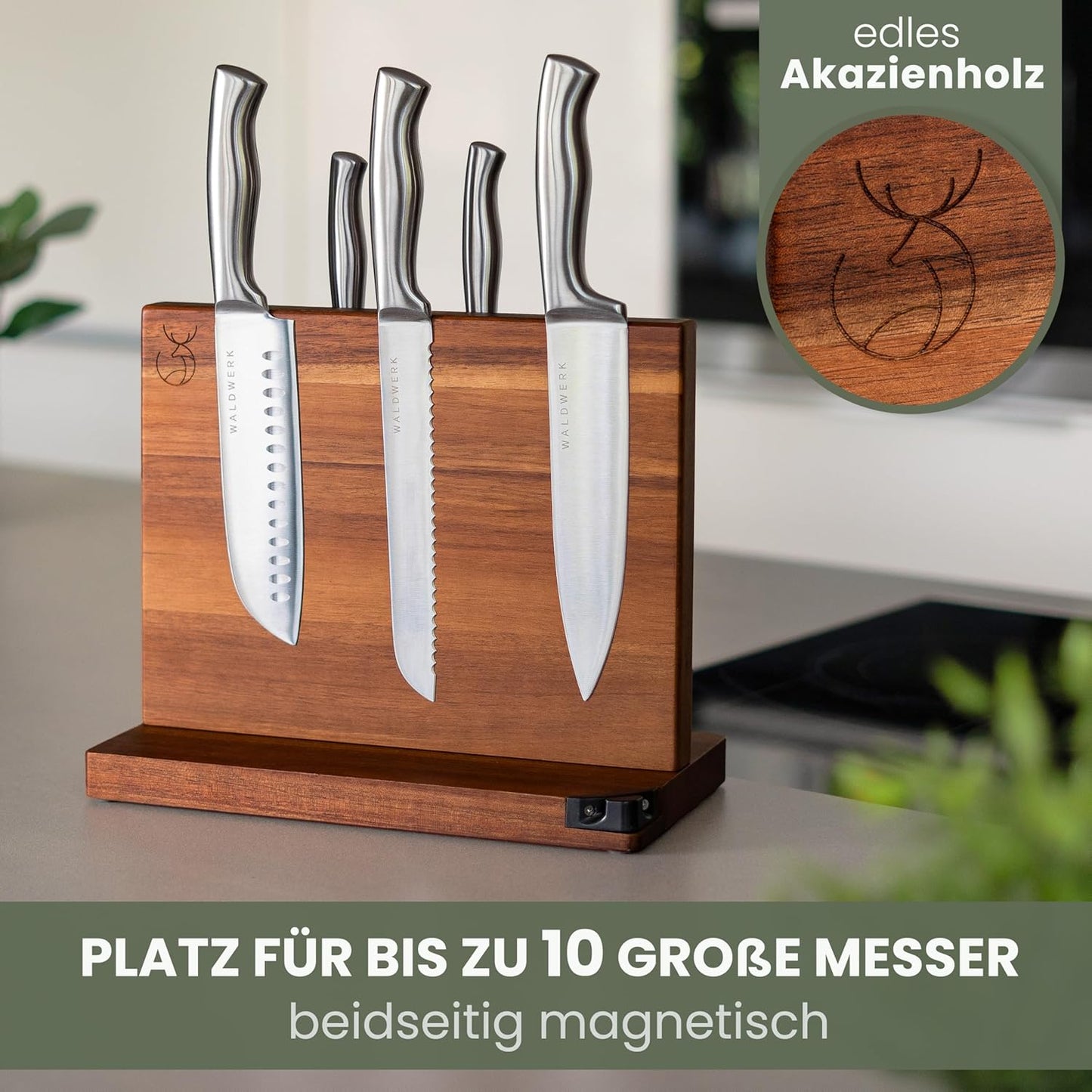 Magnetischer Messerblock, Akazienholz Messerblock Beidseitig