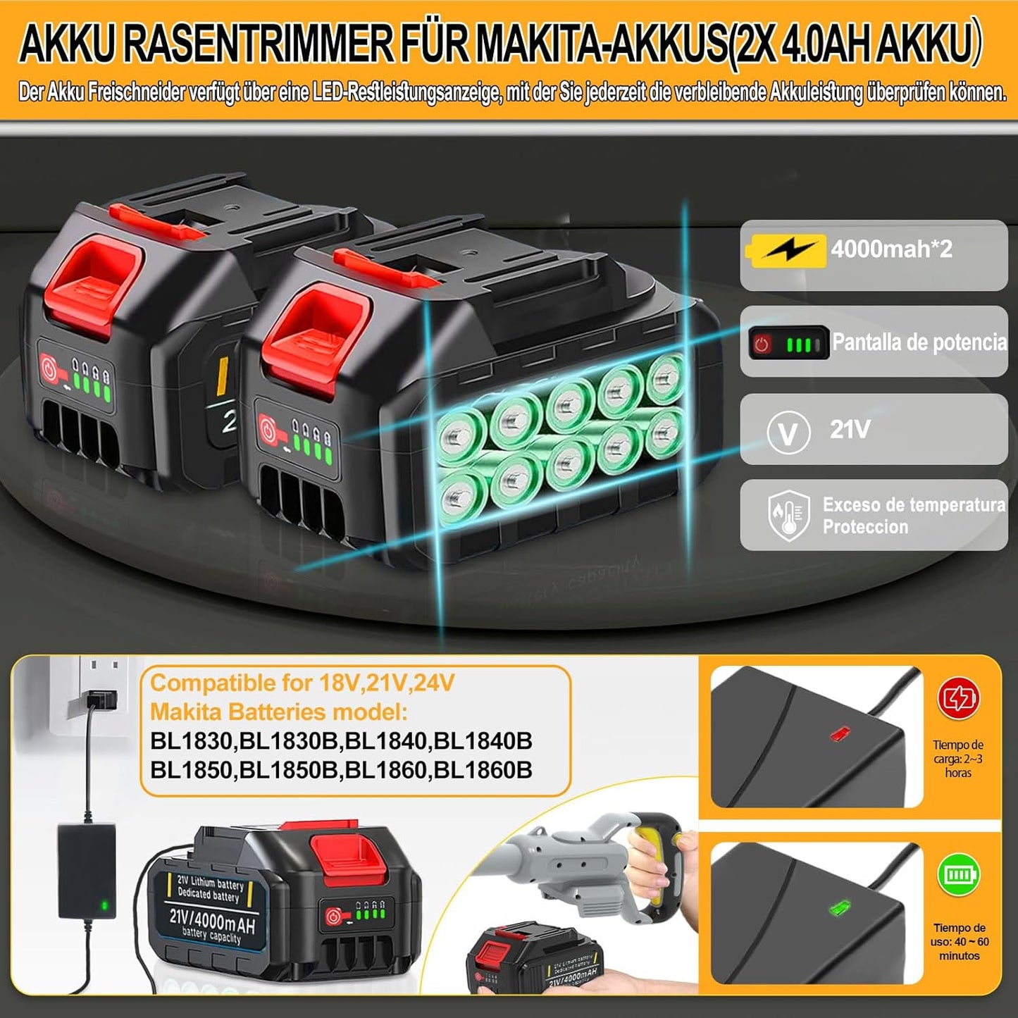 4-in-1 Akku-Rasentrimmer mit Unkrautbürste, orange