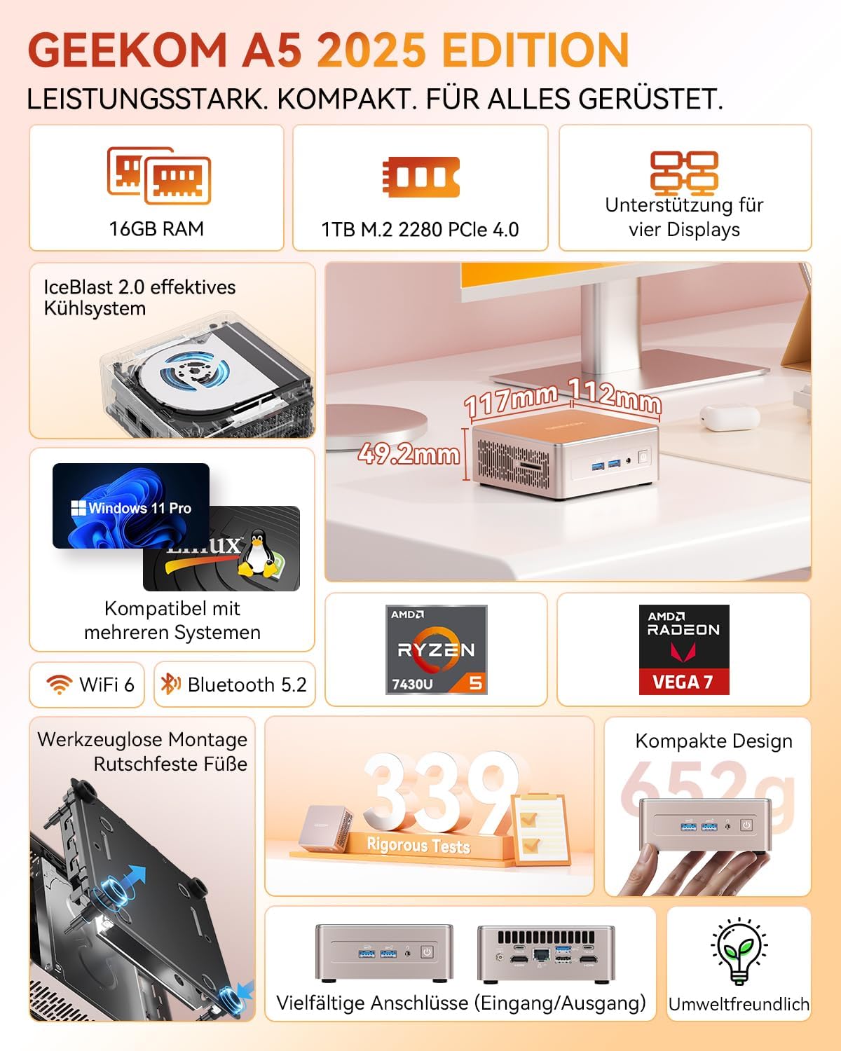 Mini PC A5 2025 Edition mit Ryzen 5 7430U, 16GB+1TB