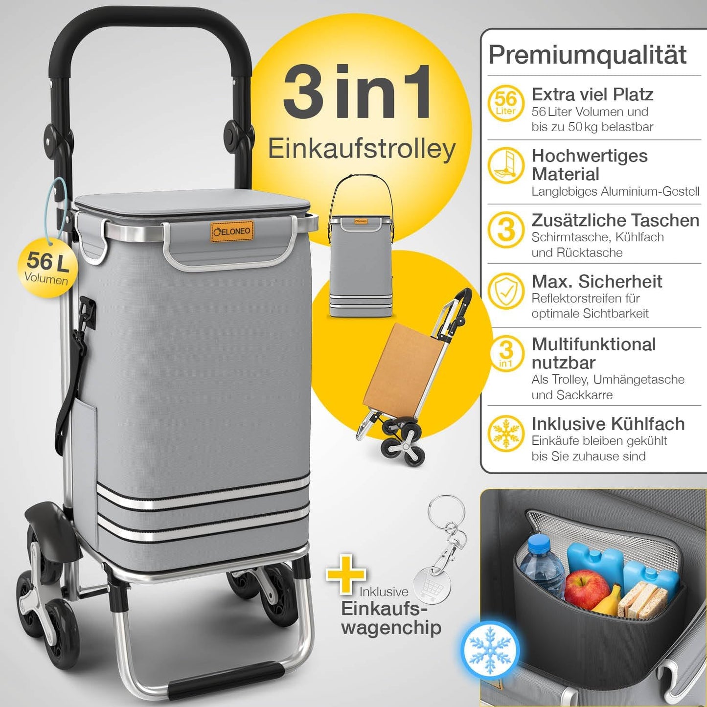 Einkaufstrolley mit Treppensteiger und Kühlfach, Treppensteiger-Trolley Grau
