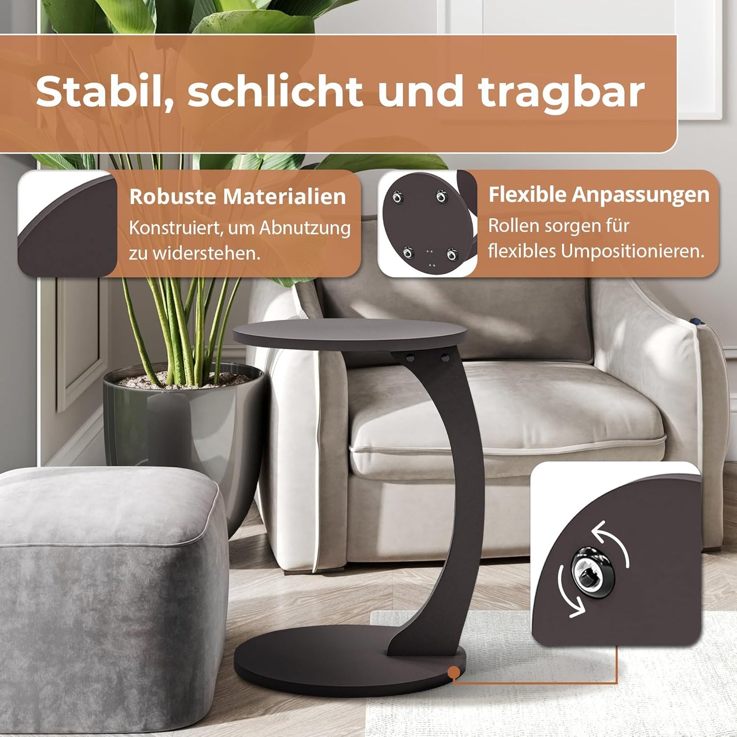 Beistelltisch in C-Form mit Rollen, Grau