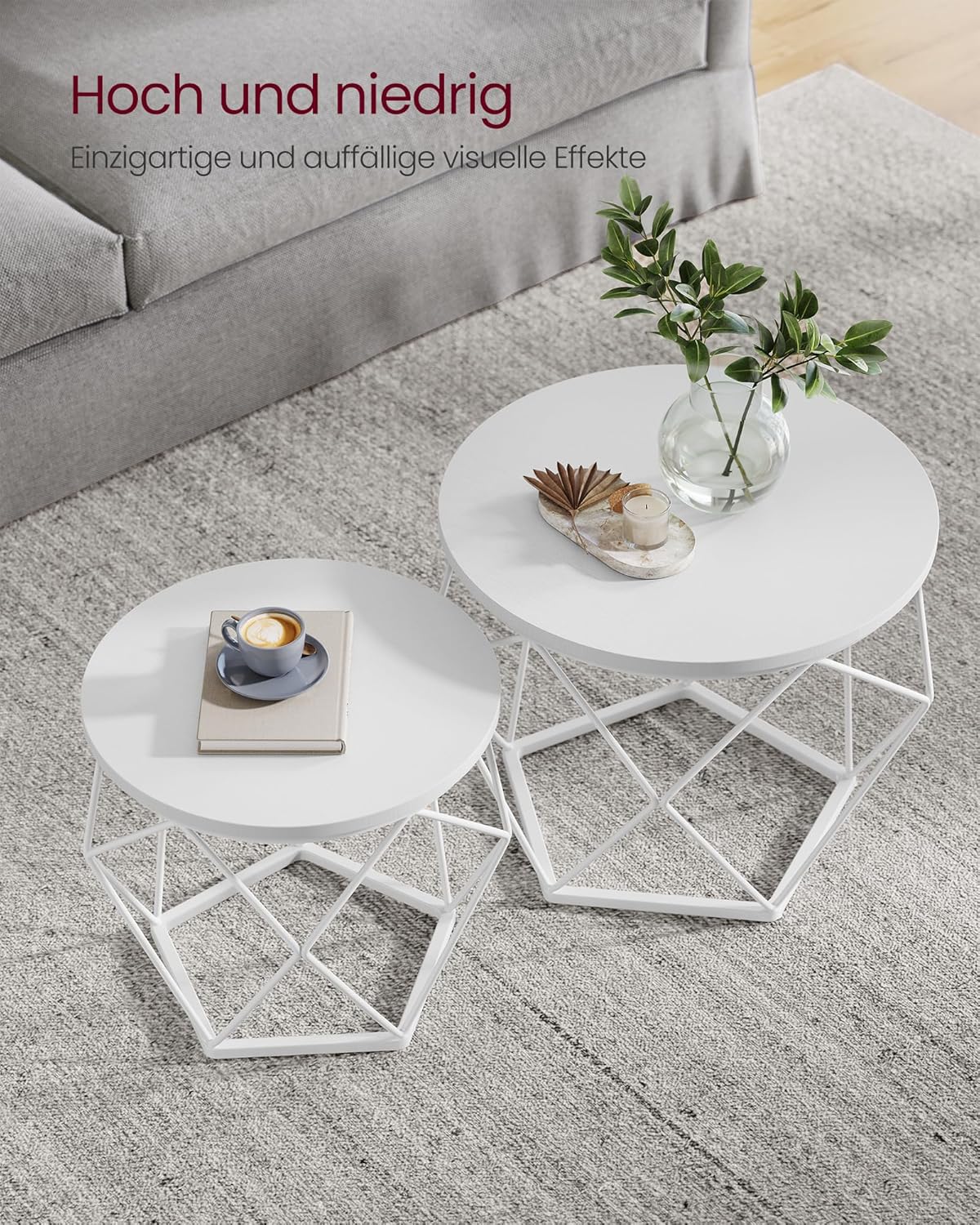 Runder Couchtisch im 2er-Set mit abnehmbarer Platte, (50 Dia. x 40H) cm + (40 Dia. x 36H) cm Schneeweiss + Wolkenweiss