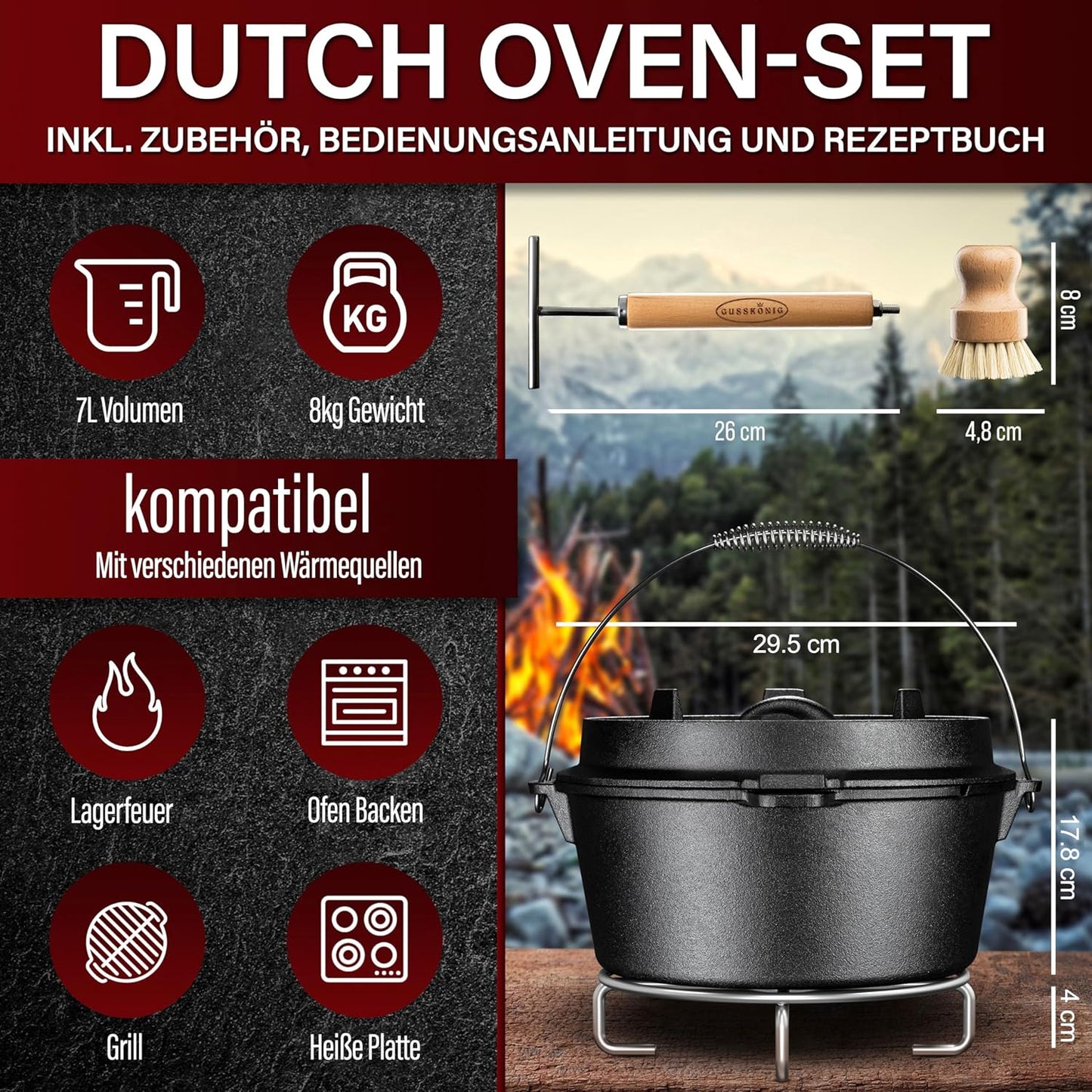 Dutch Oven Set, Topf Ohne Fuß 7 Liter