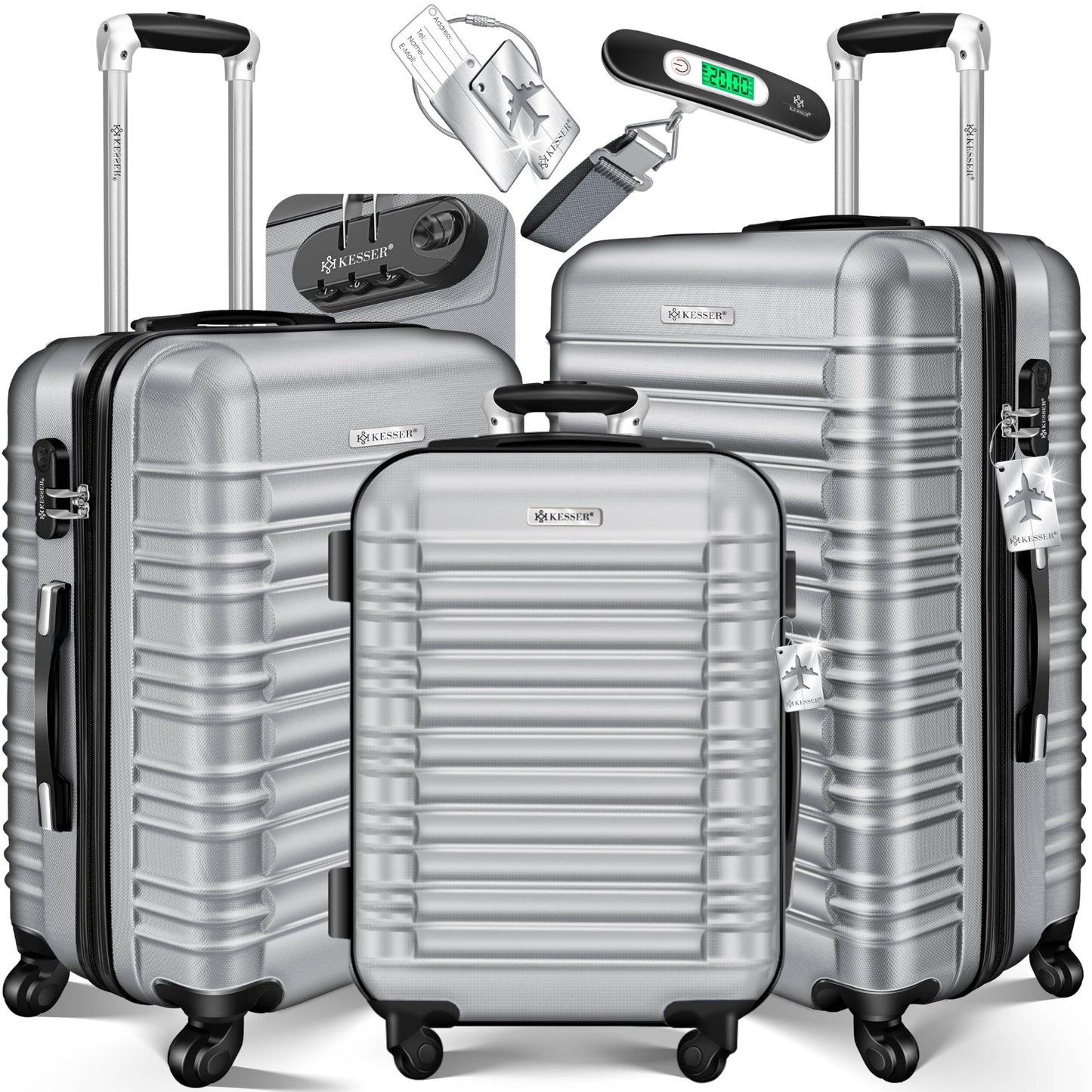 Hartschalenkofferset mit Trolley und Kofferwaage, Silber