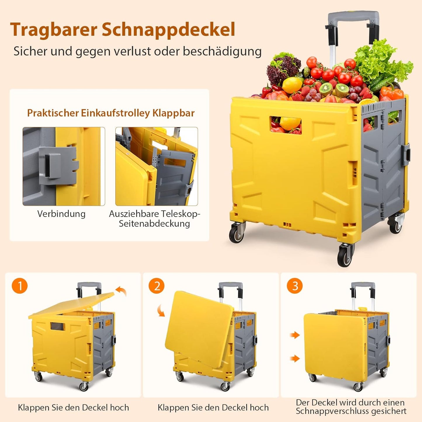 Klappbarer Einkaufstrolley mit Schnappdeckel, Gelb Grau