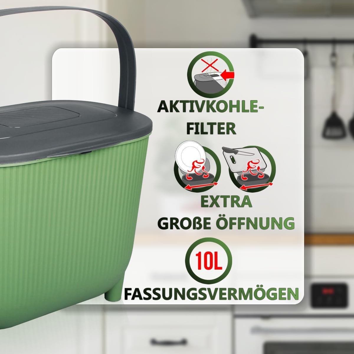 Komposteimer mit Aktivkohlefilter, 10L, Grün/Dunkelgrau
