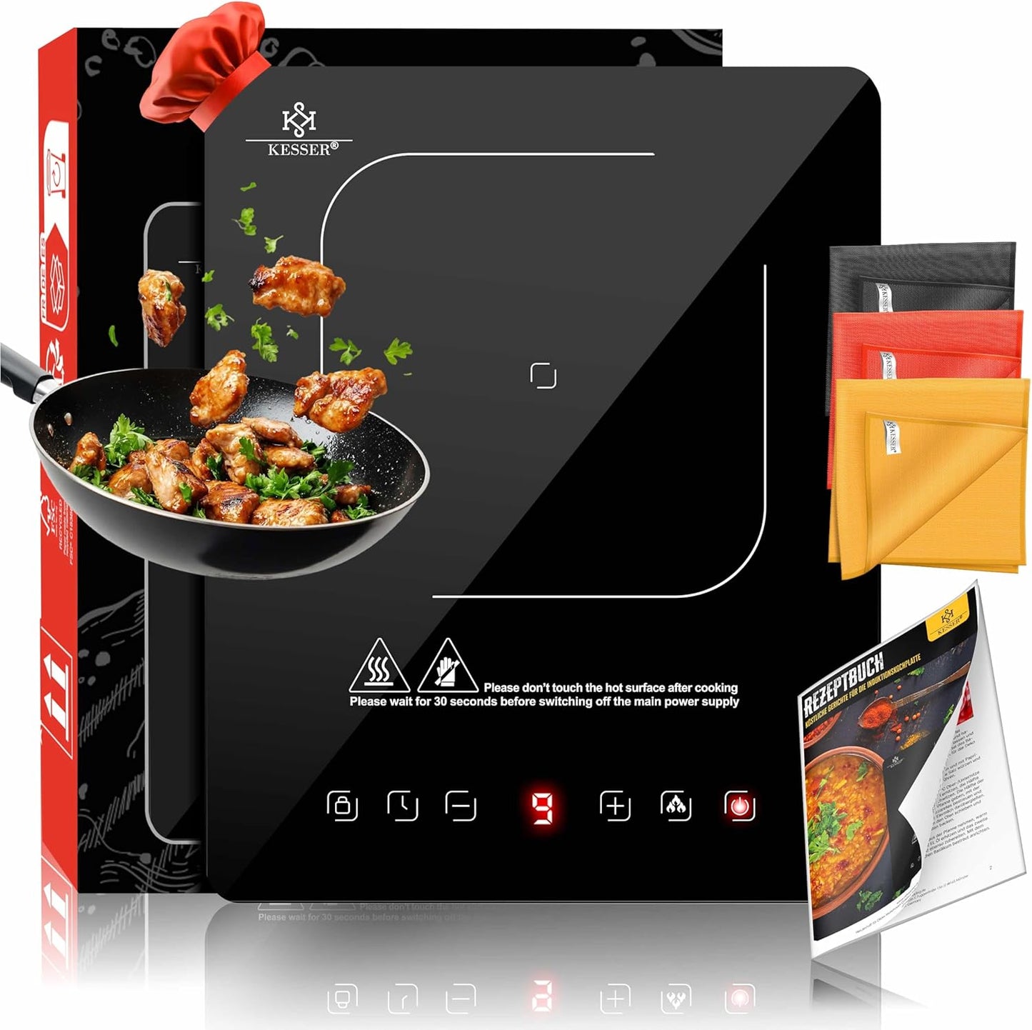 Induktionskochplatte mit Rezeptbuch und Mikrofasertüchern