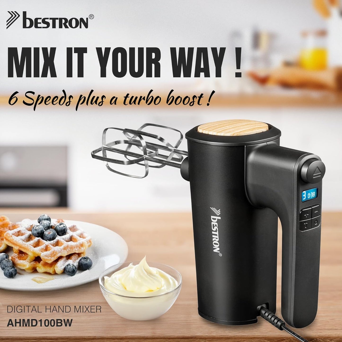 AHMD100BW Handmixer mit Turbo & LCD-Display, Schwarz-holz