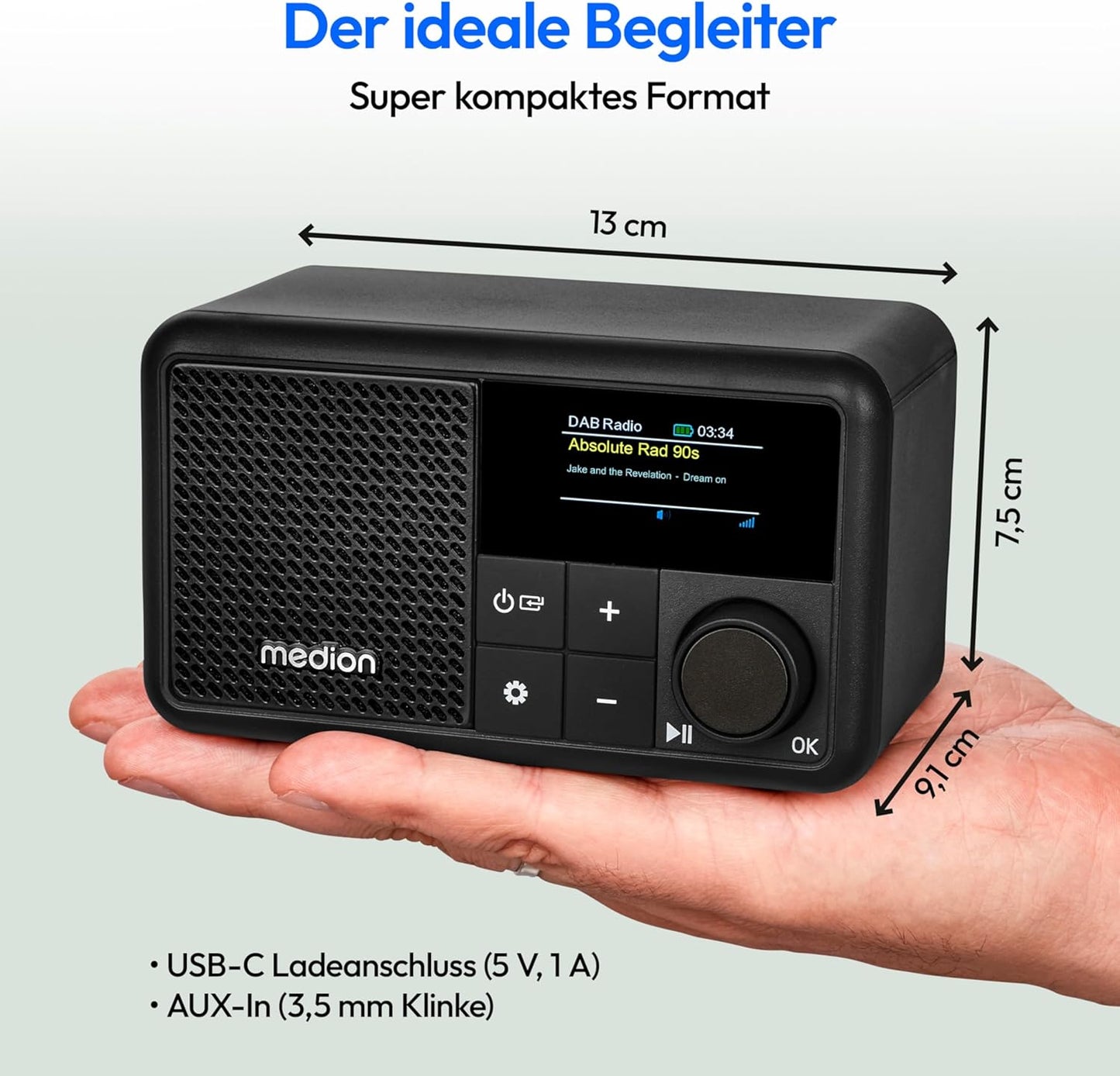 Tragbares Mini DAB+ Radio mit Bluetooth und Wecker, schwarz