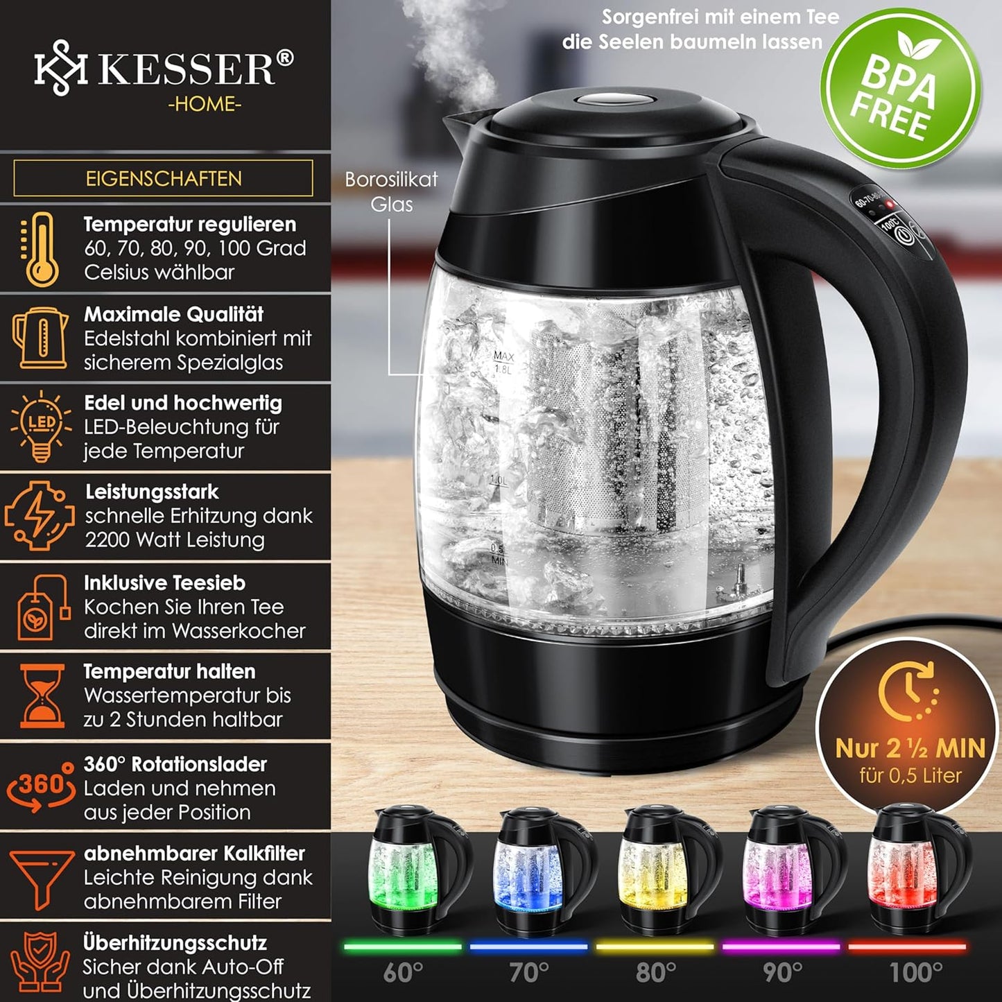 Wasserkocher mit LED & Teesieb, Schwarz/Schwarz