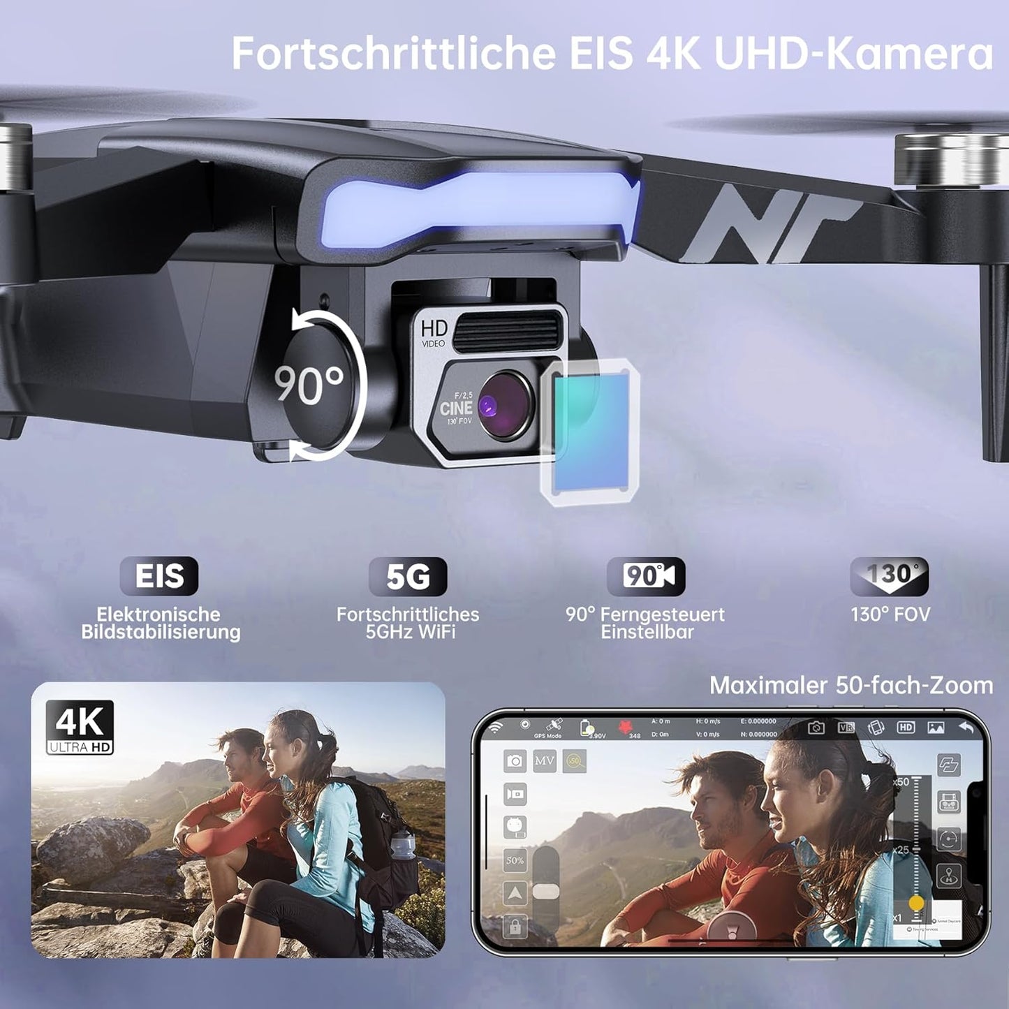 GPS Drohne mit 4K Kamera und Auto-Return Funktion, 1 Drohne Luxuriöser Satinartiger Silber