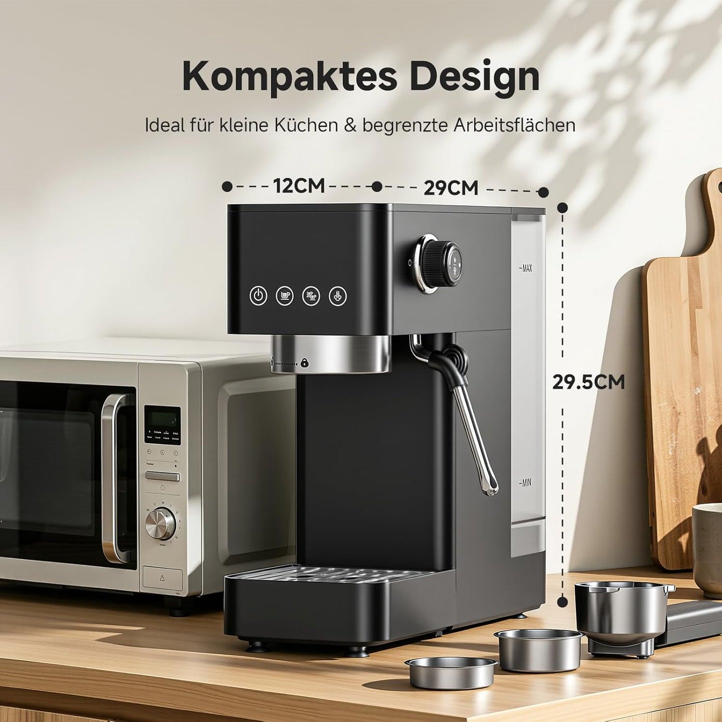 Siebträgermaschine mit Milchaufschäumer, All Black