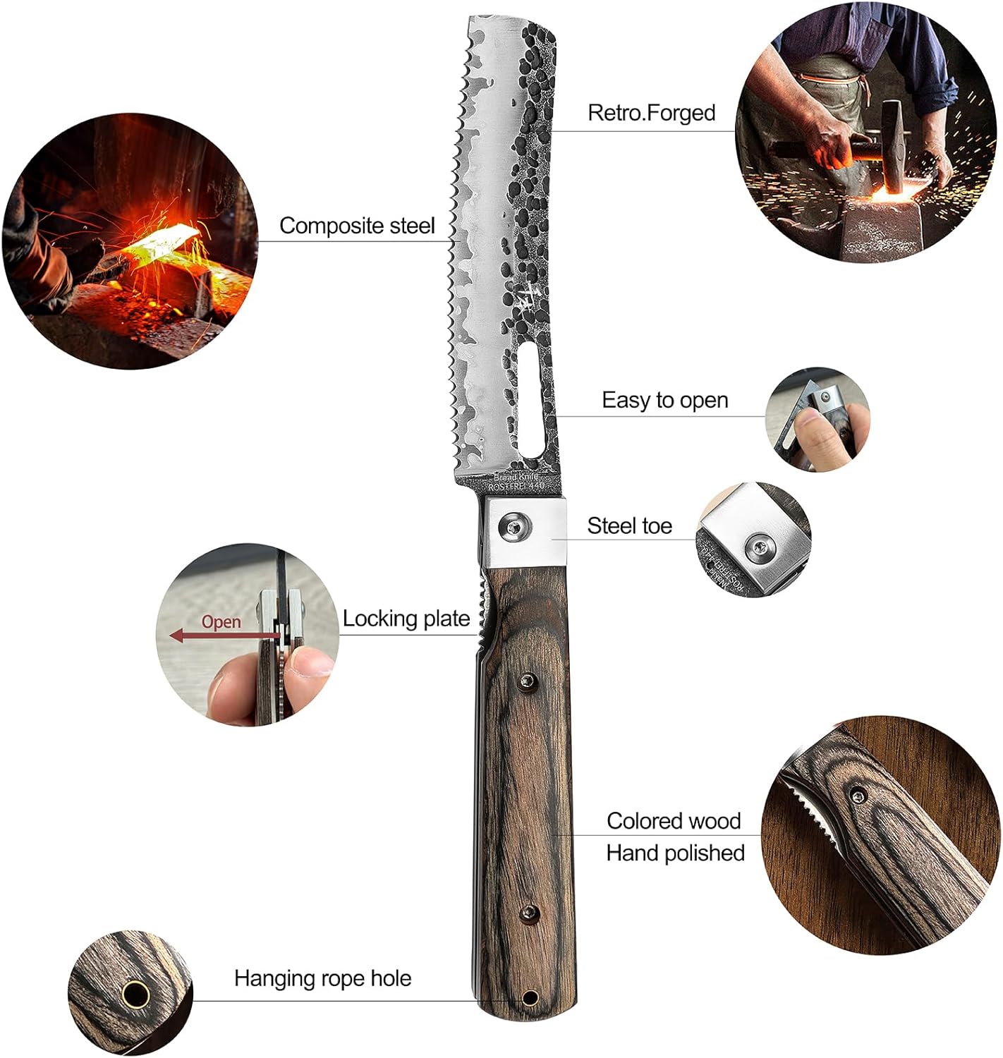 Faltbares Brotmesser mit Holzgriff, Silber
