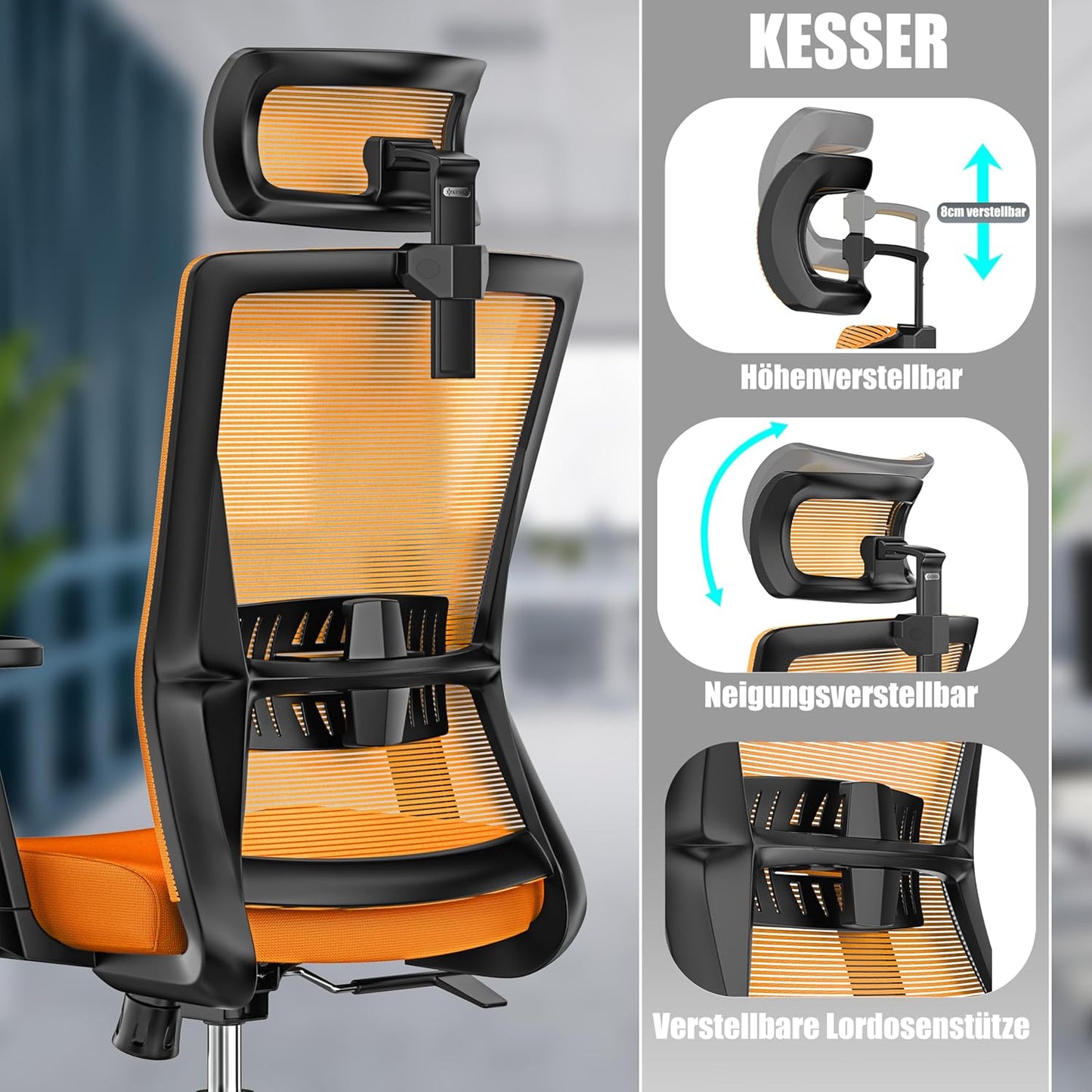 Ergonomischer Bürostuhl mit Wippfunktion und Lendenstütze, Orange / Schwarz