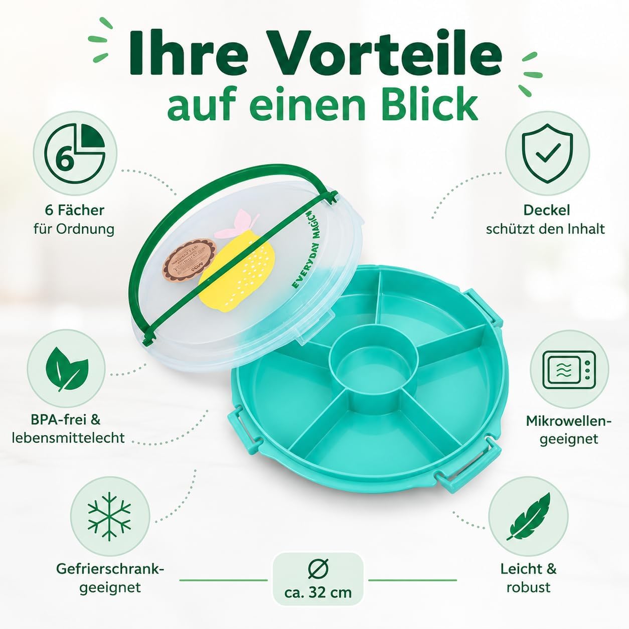 Snackbox mit Fächern und Deckel (Rund), Zitrone