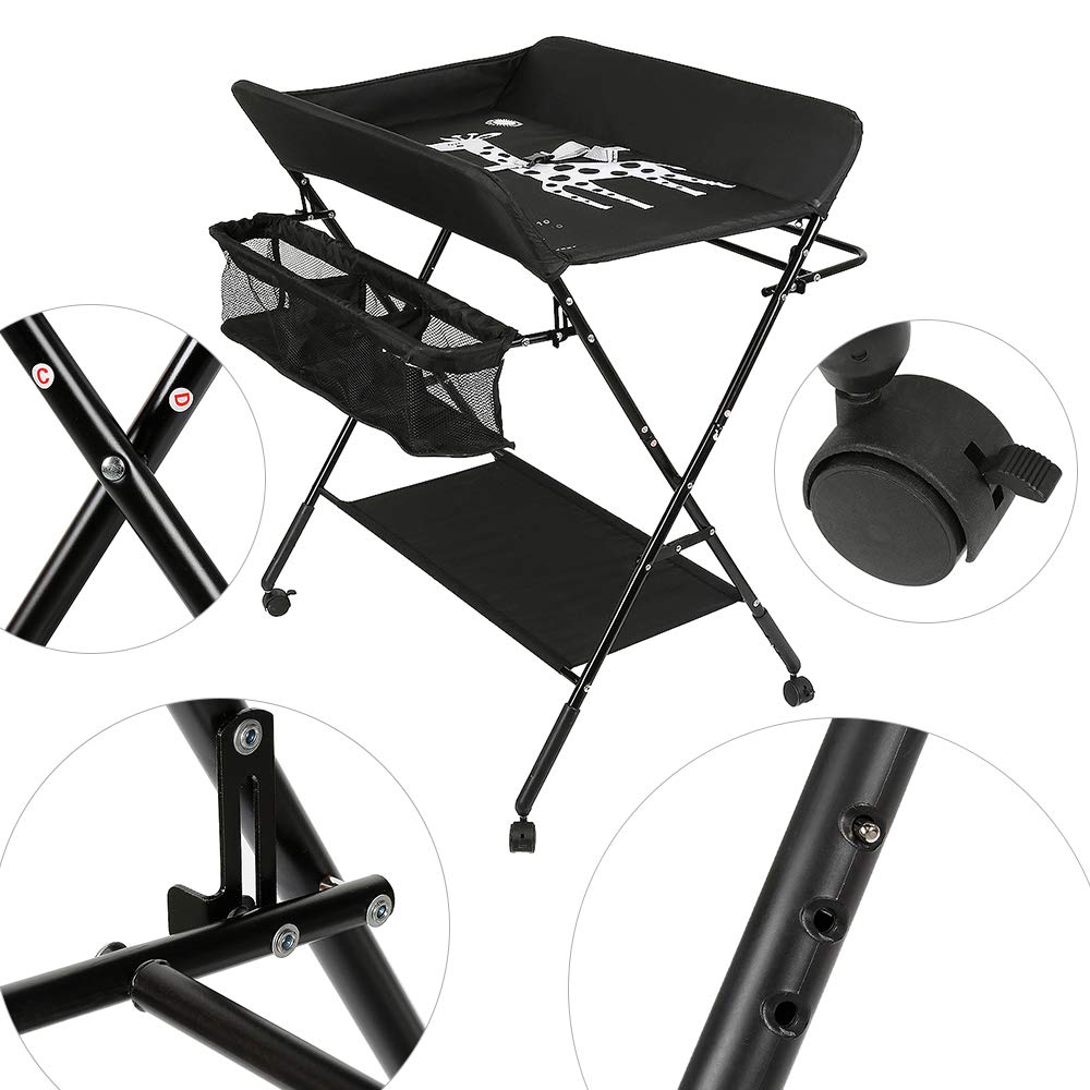 Klappbare Wickelkommode mit Rollen und Sicherheitsgurt, A-Noir