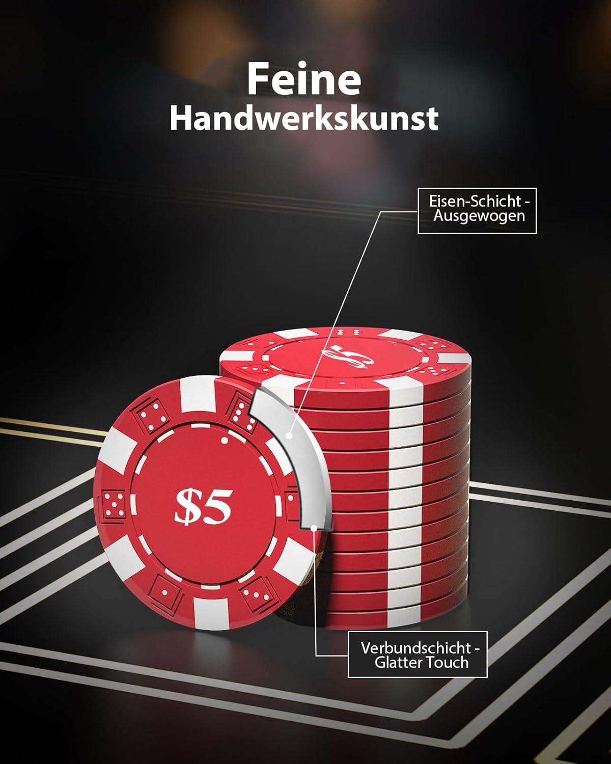 Pokerkoffer Set mit 300 Chips & Zubehör, 300 Chips mit Zahlen