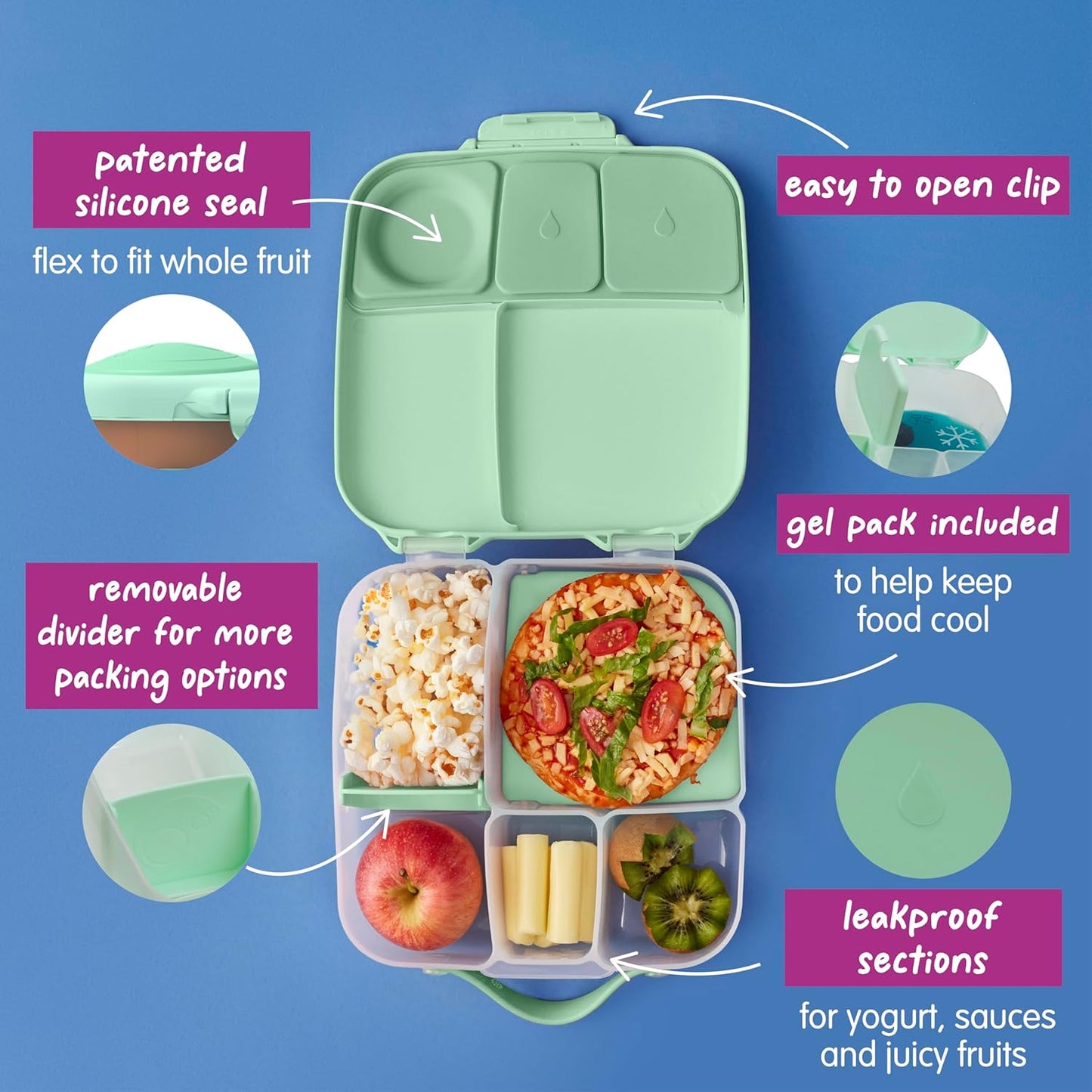 Grosse Bento-Box mit Kühlpack und Trenner 4 Fächer, Spearmint