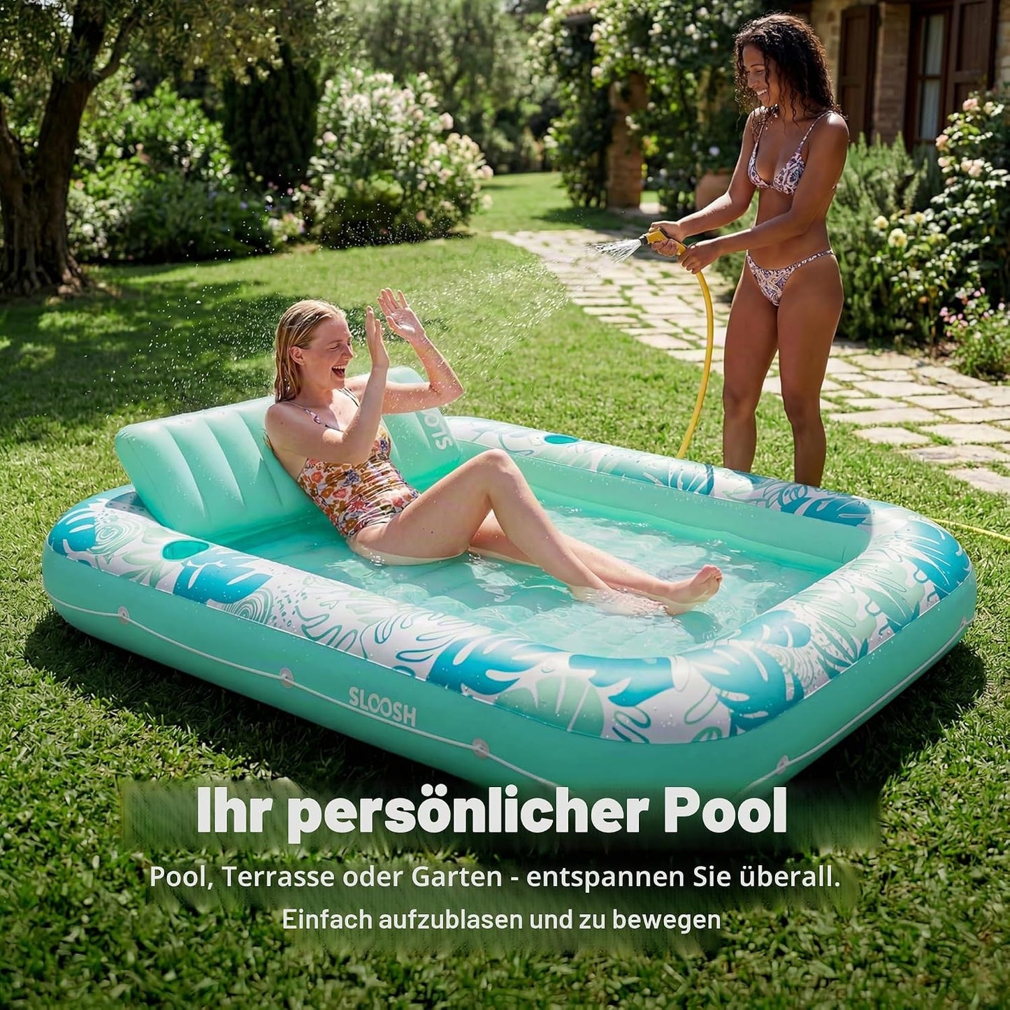 Aufblasbarer 4-in-1 Sonnenliegepool mit Kissen und Getränkehalter, Cyanweiss XL