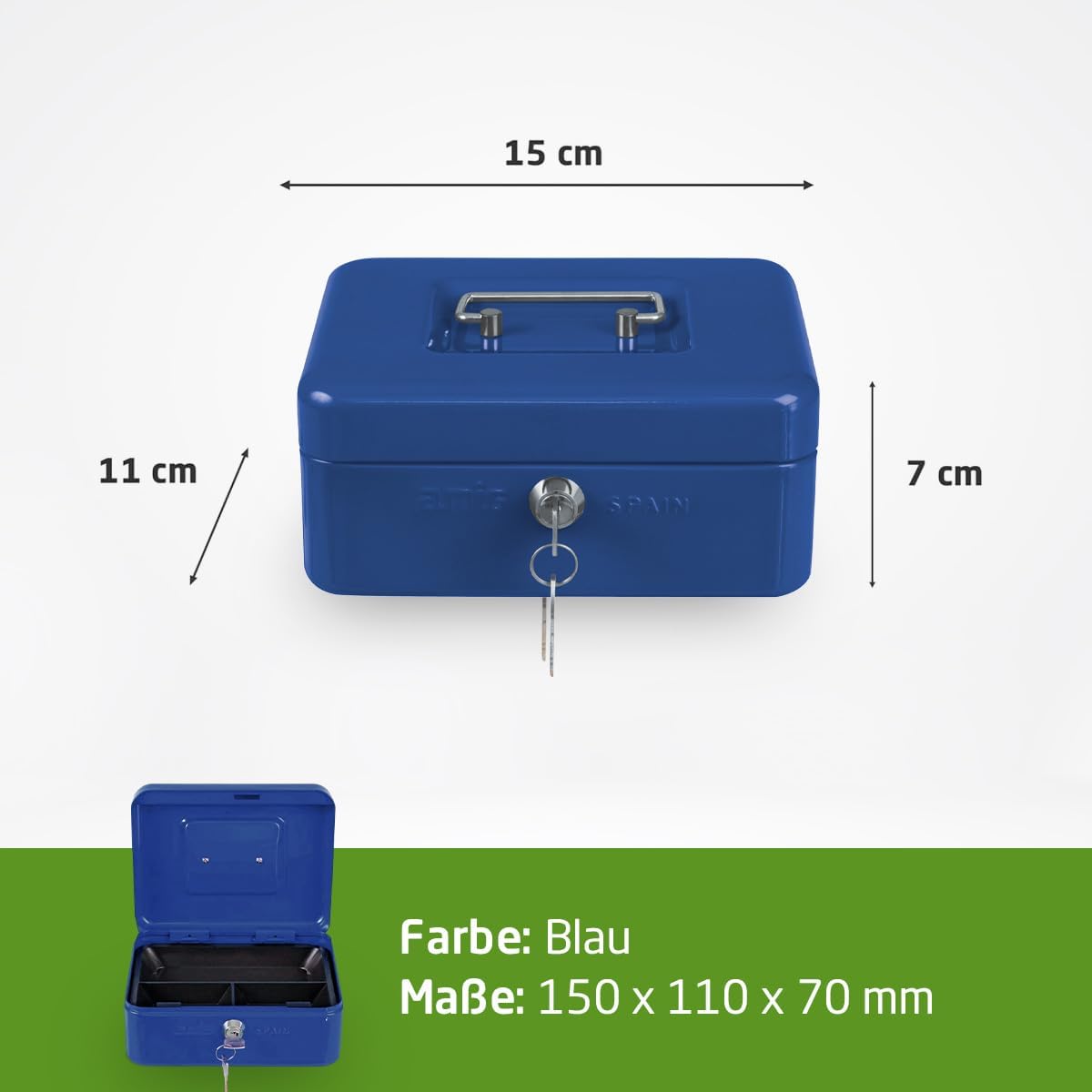 Sichere Geldkassette mit Münzfach und Schlüsseln, Blau 150 x 110 x 70 mm