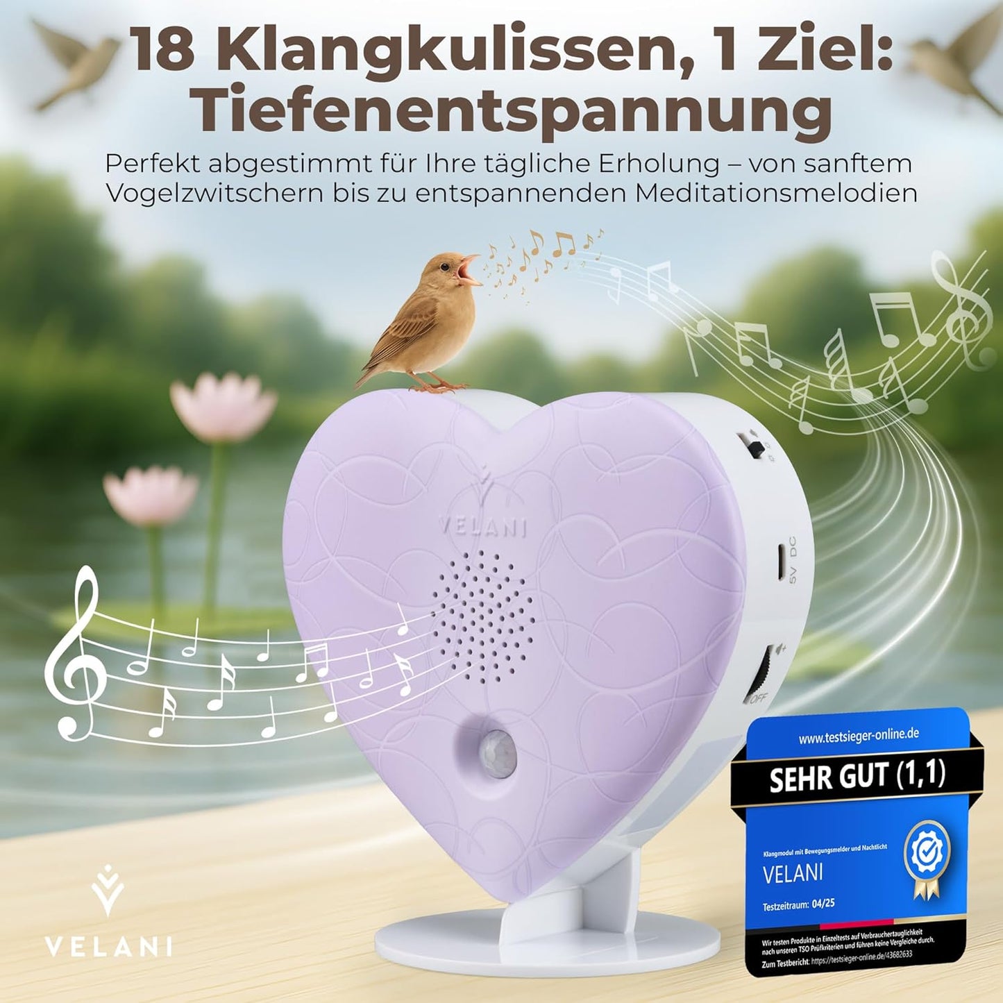 Naturgeräusche-Box mit Bewegungsmelder & Timer, Pastell-violett Herz