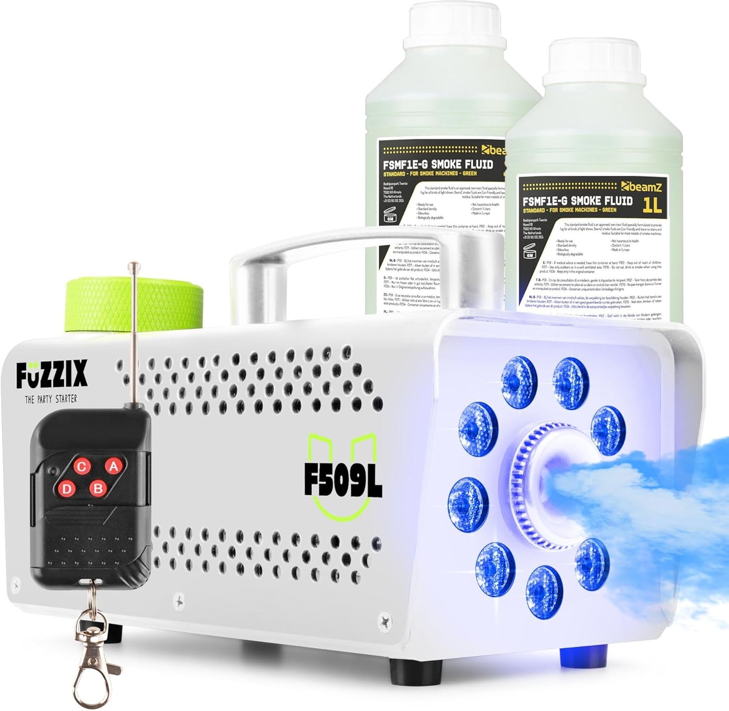 Mini-Nebelmaschine mit LED-Effekten (500W), Weiss + 9 LED|Nebelmaschine + 2L