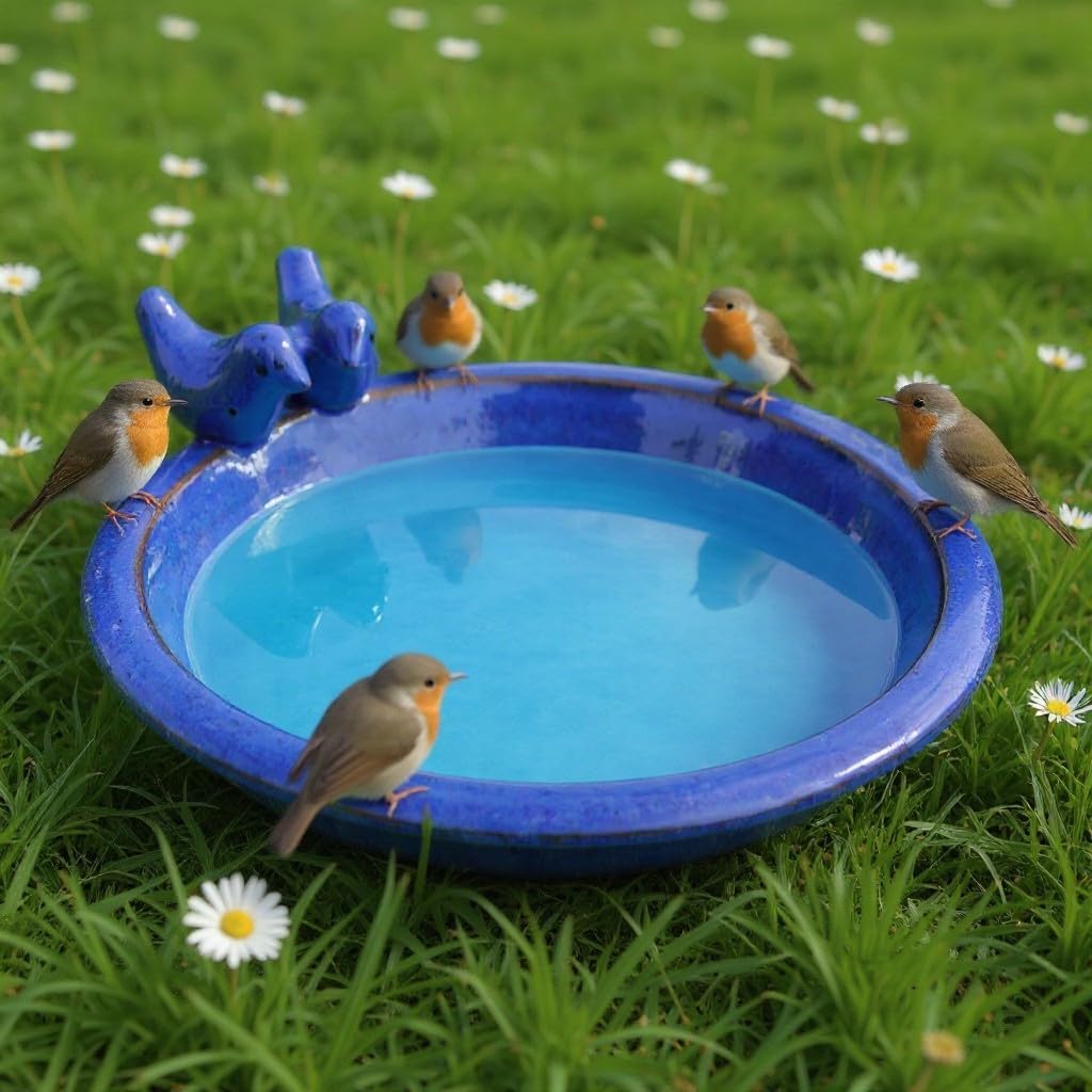 Vogeltränke aus Keramik mit Deko-Vögeln, Winterfest, Blau