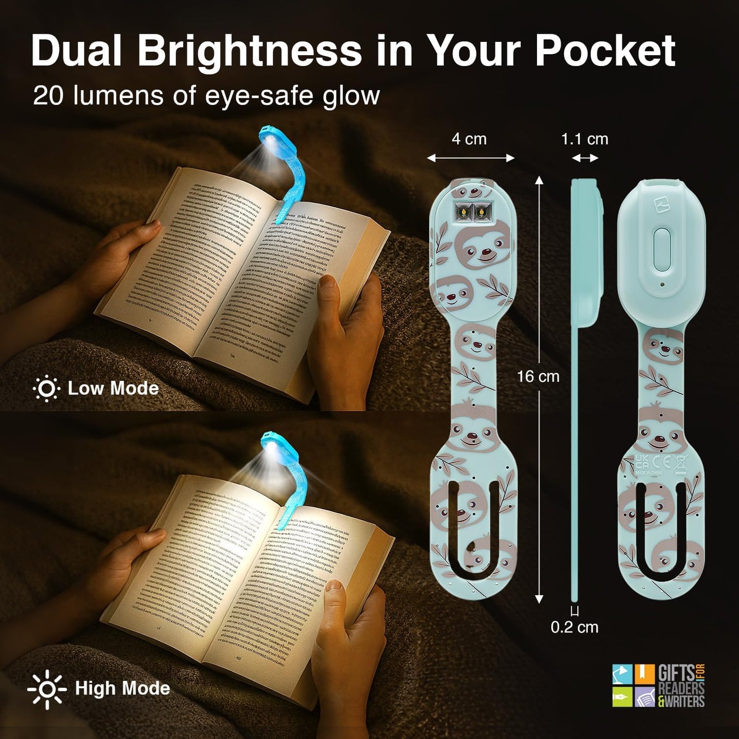 Flexilight 2-in-1 Clip On Leselampe & Lesezeichen, wiederaufladbar, Faultier
