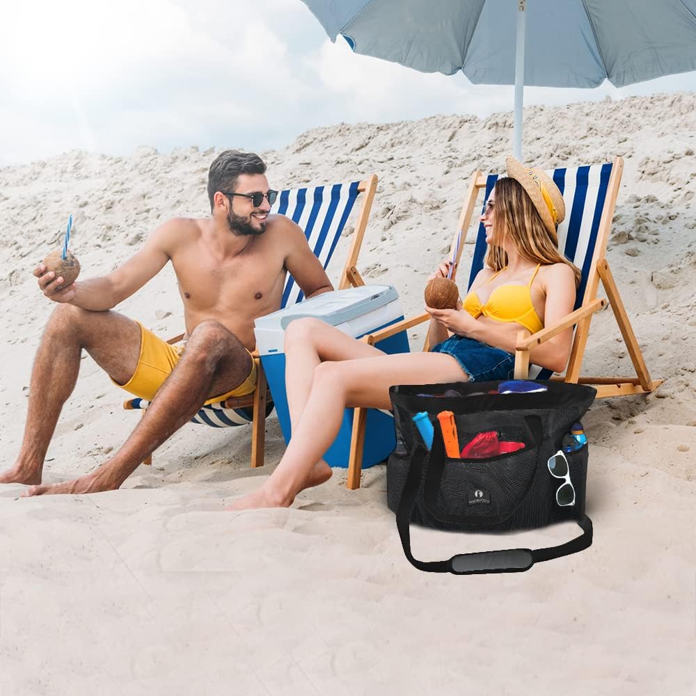 Netz-Strandtasche für den Strand, Schwarz / Schwarz