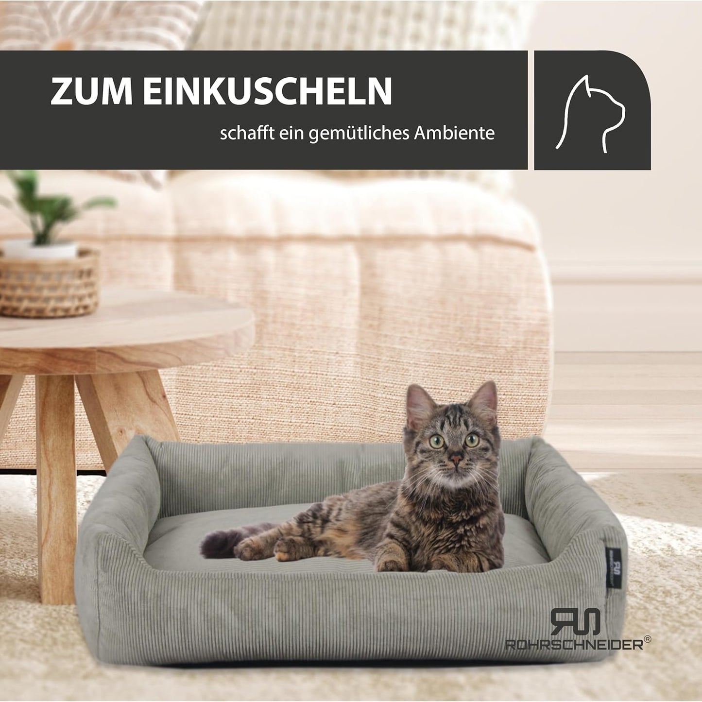 Katzenbett mit Spielkugelset, Grau feiner Cordstoff
