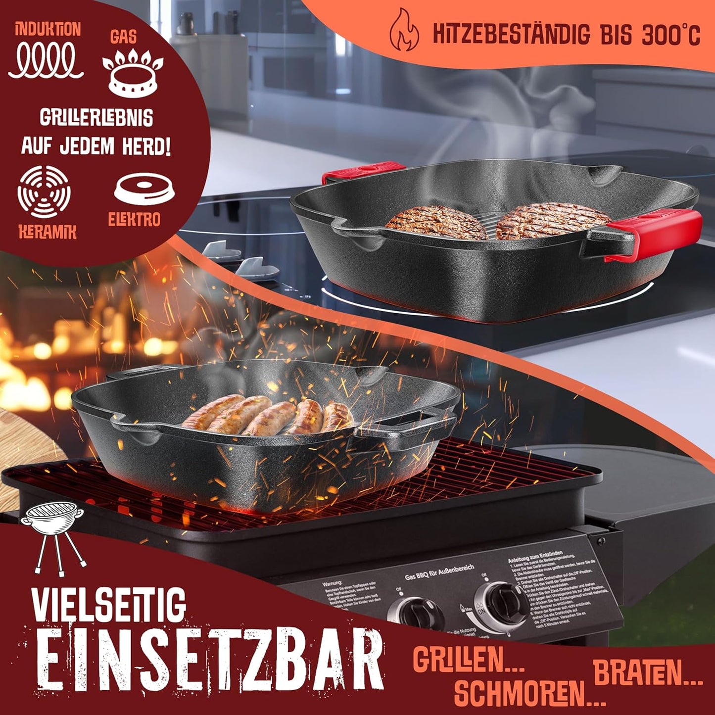 Gusseisen-Grillpfanne, 30 cm, 30 cm Eckig