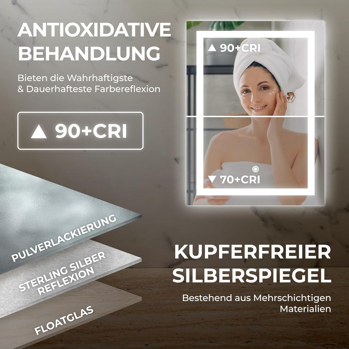 LED Badspiegel mit Anti-Beschlag und Touch-Schalter, 70L x 50B cm