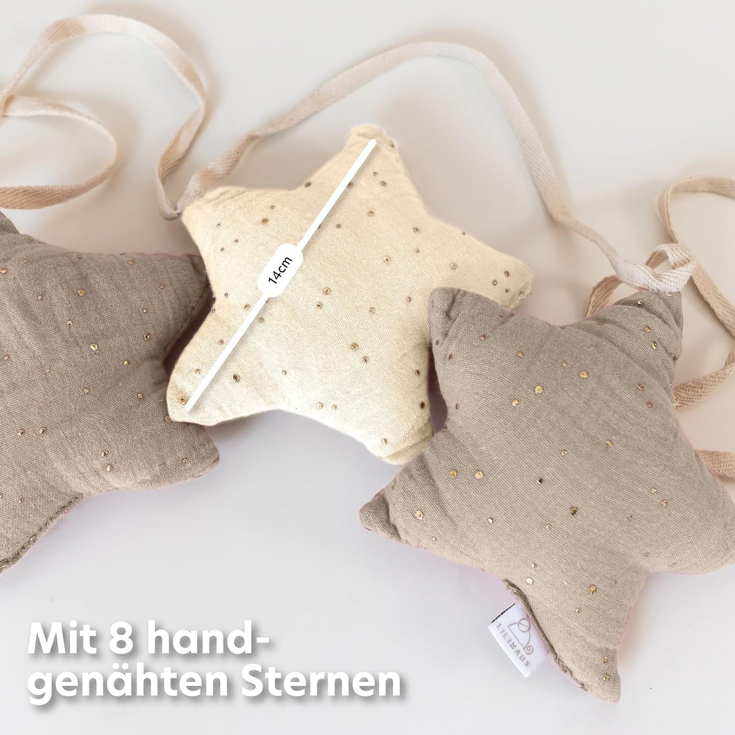 Sternenkette mit Goldapplikation, Hellbeige & Creme Sterne mit Goldapplikation
