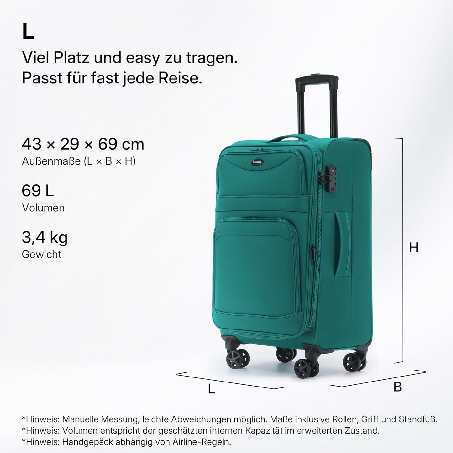 Erweiterbarer Stoffkoffer mit TSA-Schloss & Doppelrollen, Türkis Koffer L (69 cm) erweiterbar