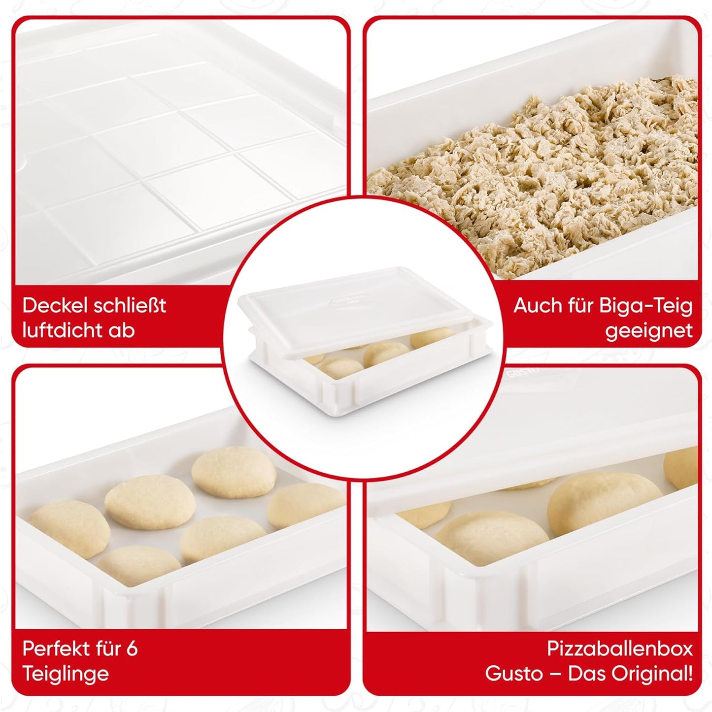 Pizzateigbehälter Gusto für 6 Ballen und Pizzaaufbewahrungsbox Avanti, 1x Gusto (+Deckel) + Avanti